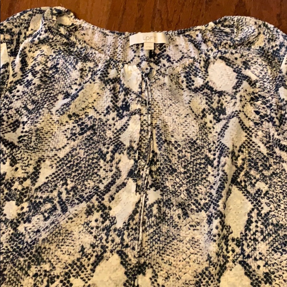 Loft Snakeskin Blouse. Navy, tan and off white.